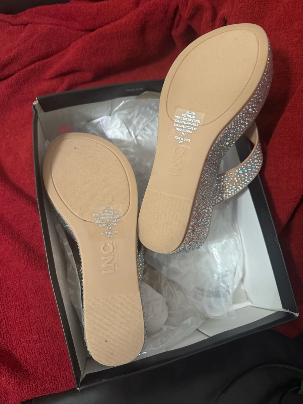 Embellished Nude Rhinestone Wedge Thong Sandals by INC - Picture 3 of 4